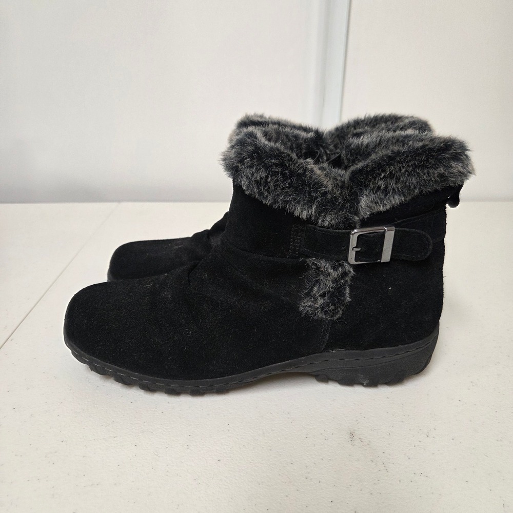 Khombu Lindsey Black Leather Faux Fur Trim Ankle Winter Boots Womens 10M